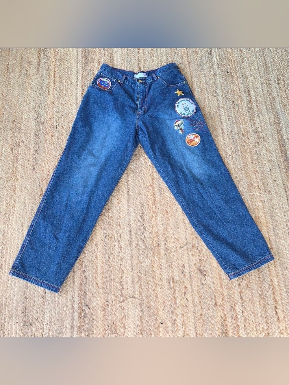 FUBU Harlem Globetrotters Jeans Men's 36 Blue Baggy Wide Leg Embroidered Patches